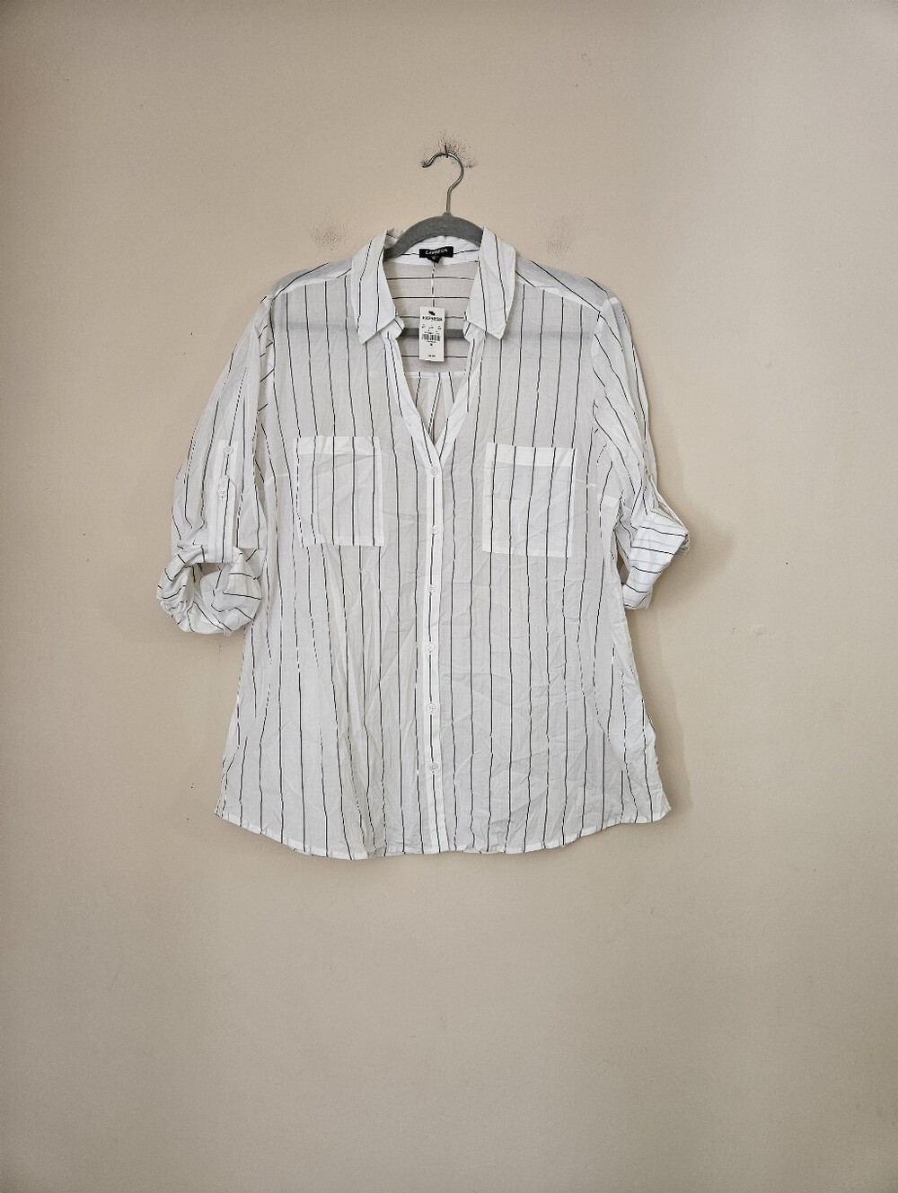 Express Women's White Button-Down Shirt with Black Pinstripes, Size XL